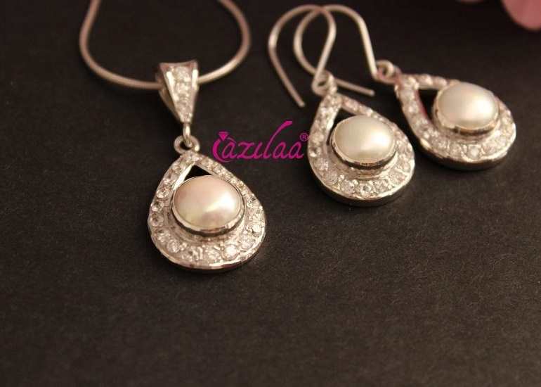 Designer Pearl pendant Gemstone sterling silver handmade set