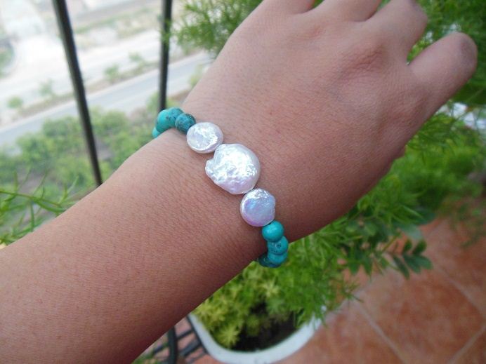 Pearl turquoise gemstone silver bracelet, designer bracelet