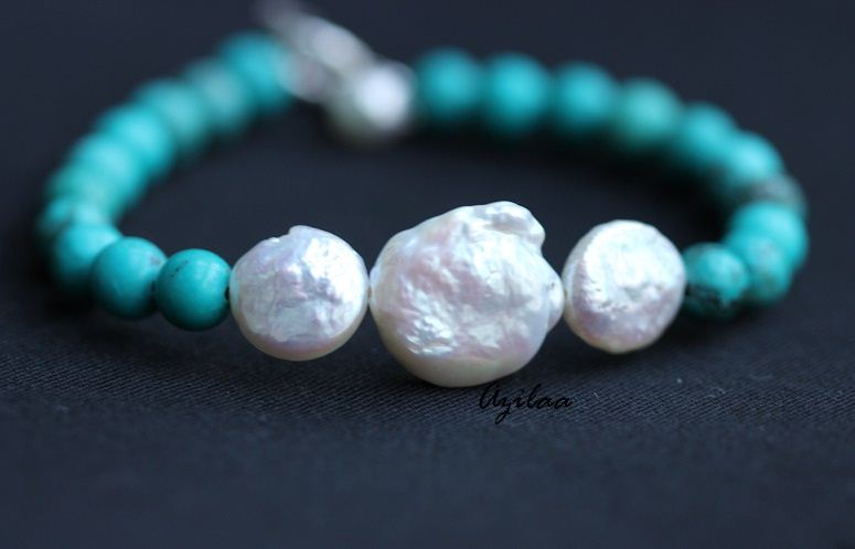Pearl turquoise gemstone silver bracelet, designer bracelet