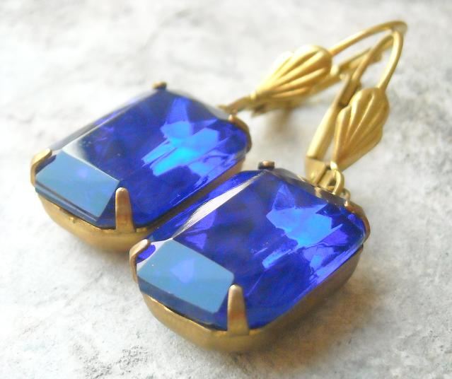 Designer Sapphire Blue Vintage glass brass earrings