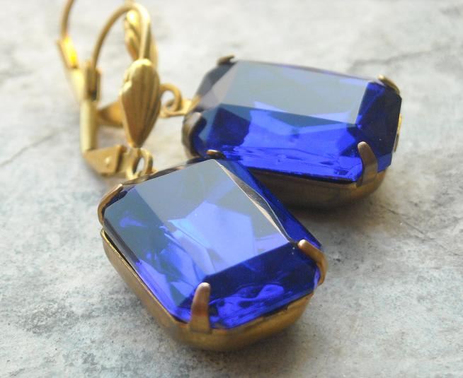 Designer Sapphire Blue Vintage glass brass earrings