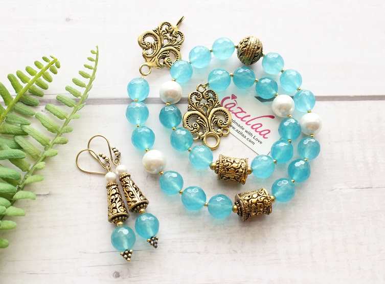 Designer Sky Blue beaded necklace earring set gemstone jewelry