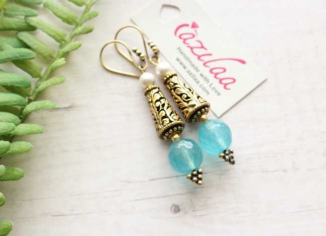 Designer Sky Blue beaded necklace earring set gemstone jewelry