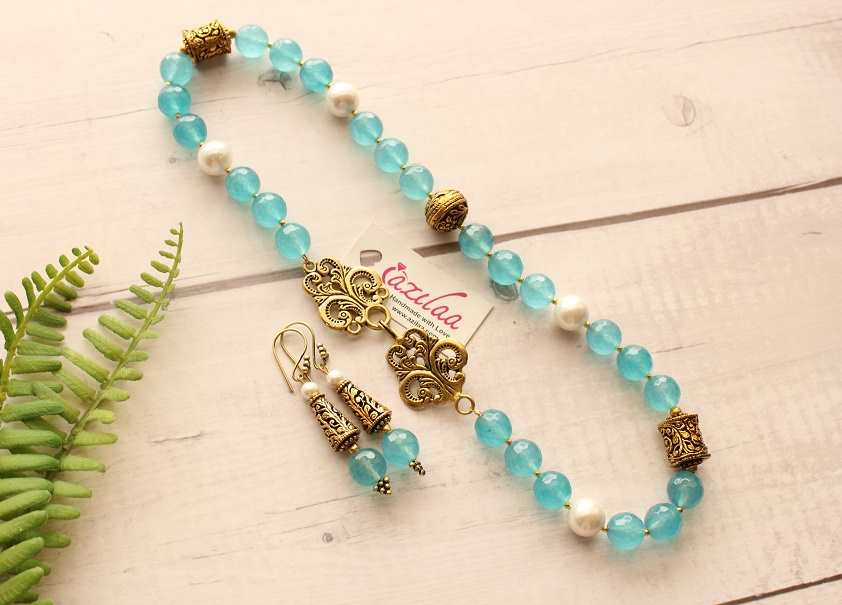 Designer Sky Blue beaded necklace earring set gemstone jewelry