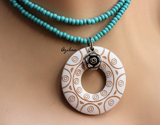 Designer Tribal  White Blue Pendant necklace 