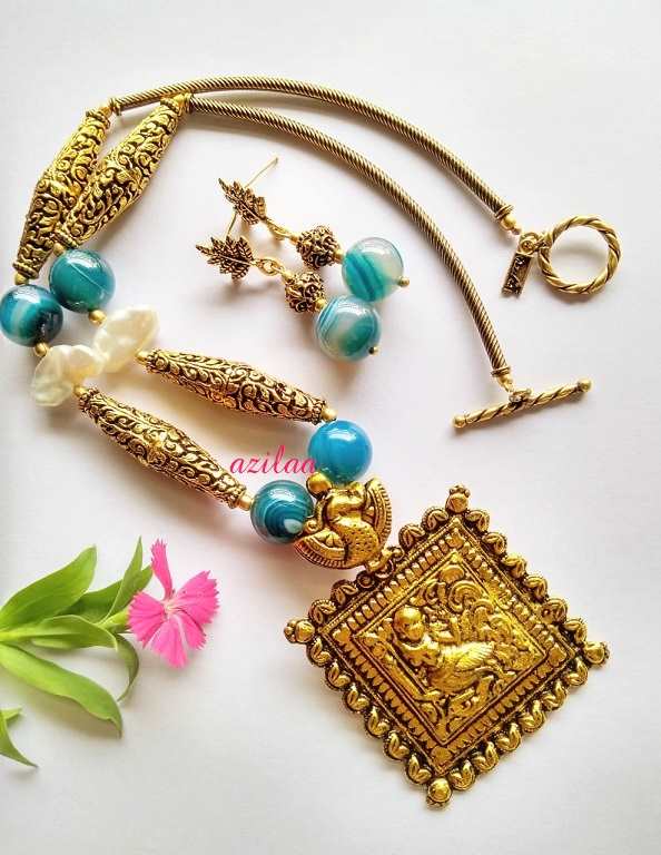 Designer blue agate necklace set, Antique gold tone necklace set