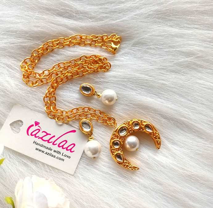 Designer boho Golden moon pendant pearl earrings set