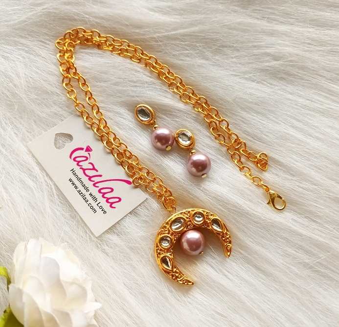 Designer boho Golden moon pendant pearl earrings set