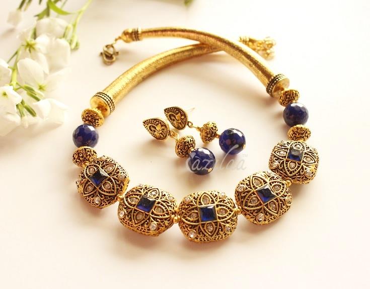 Designer dark blue necklace earrings, Antique gold necklace