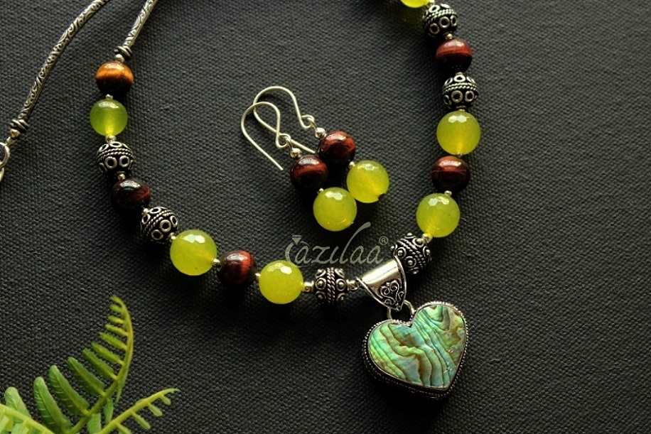 Designer heart OOAK Green pendant  handmade necklace set