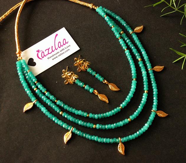 Designer layered Teal green gold plated gemstone beaded necklace 
