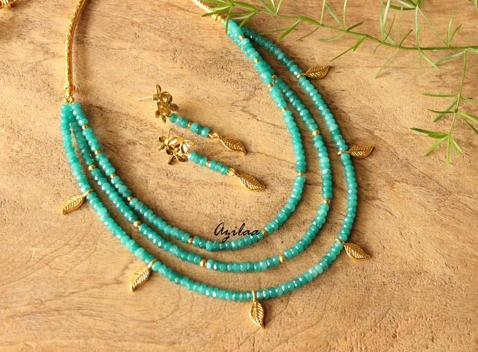 Designer layered Teal green gold plated gemstone beaded necklace 