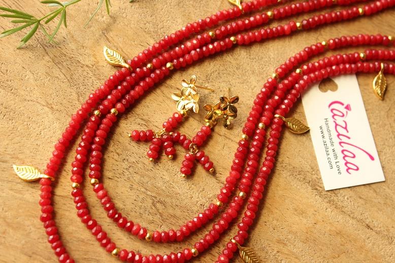 Designer layered reddish gold plated gemstone beaded necklace 