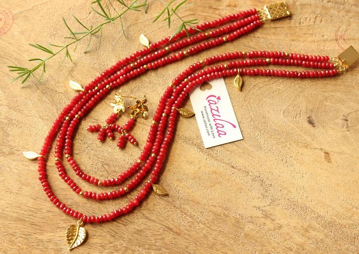 Designer layered reddish gold plated gemstone beaded necklace 
