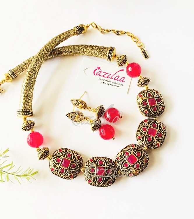 Designer maroon necklace earrings, Antique gold necklace