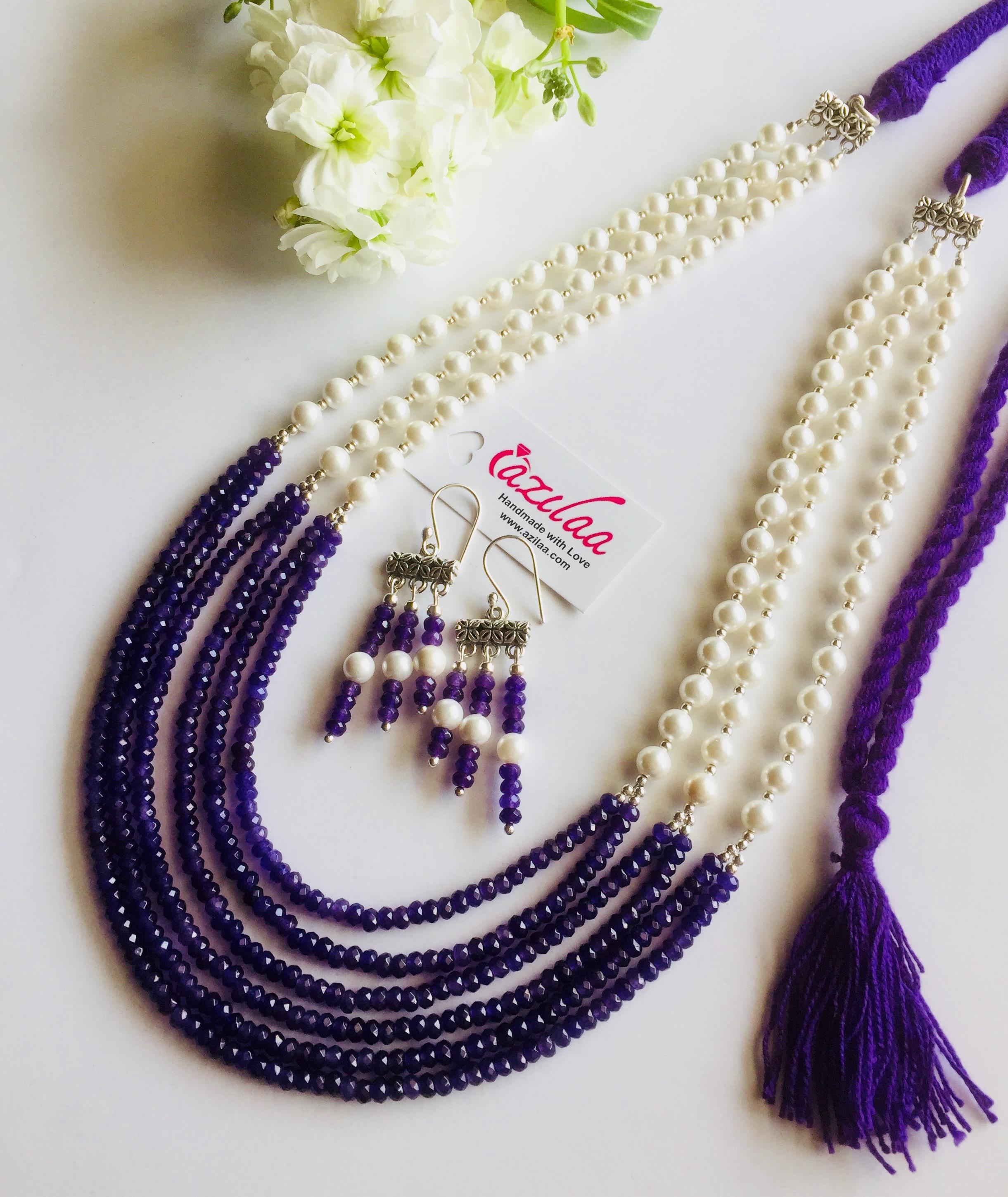Designer pearl amethyst necklace set, Purple necklace set