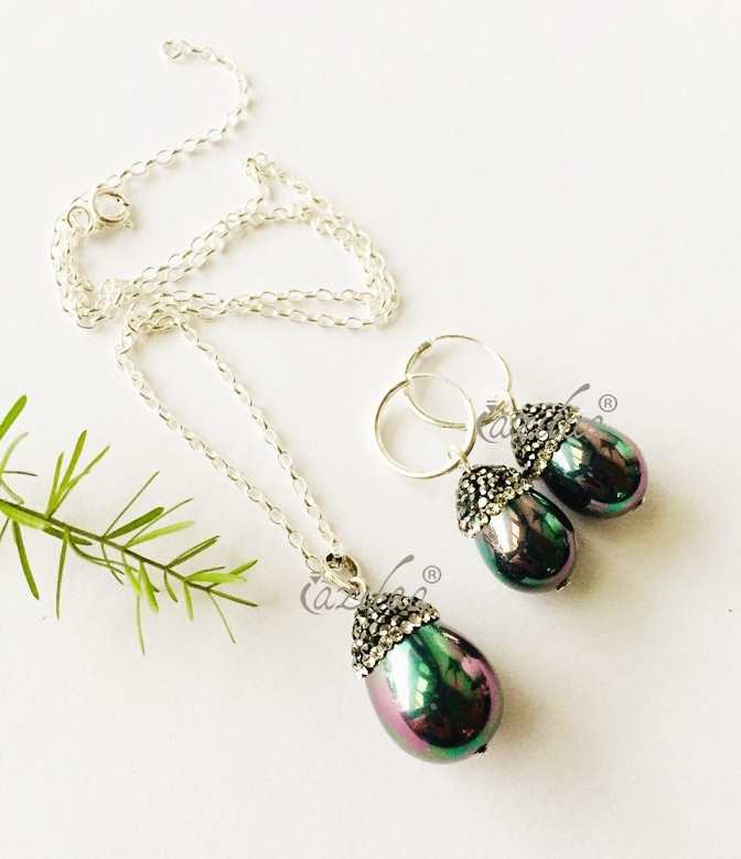 Designer pearl pendant chain sterling silver earring set