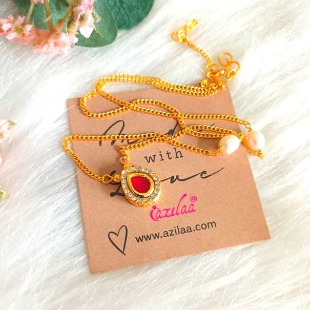 Designer pearl red CZ golden chain drop pendant
