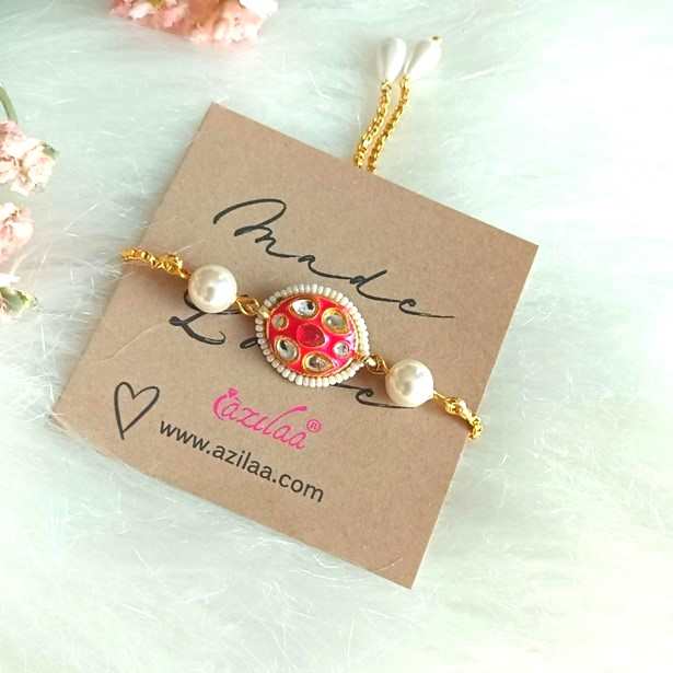 Designer pink enamel chain beaded pearl bracelet