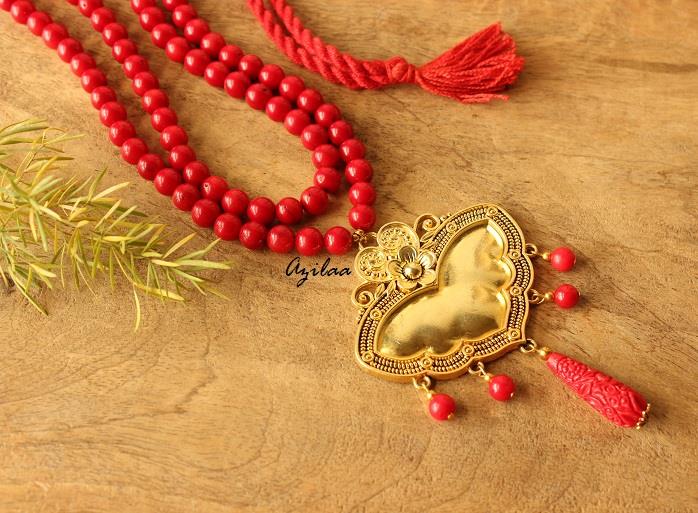 Designer red beaded handmade golden necklace set