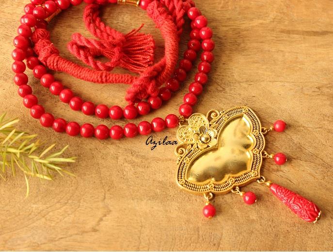 Designer red beaded handmade golden necklace set