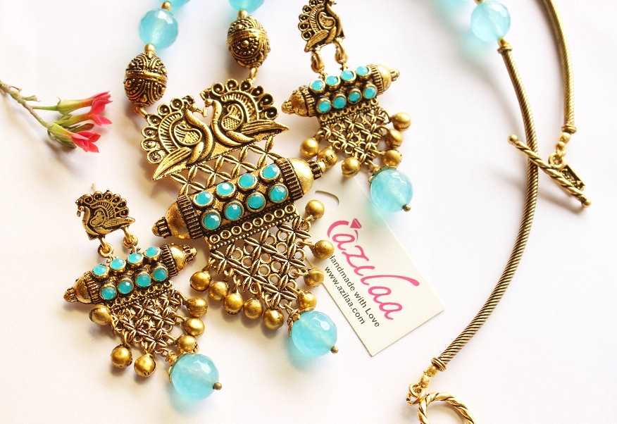 Designer sky blue necklace set, Antique gold tone necklace set