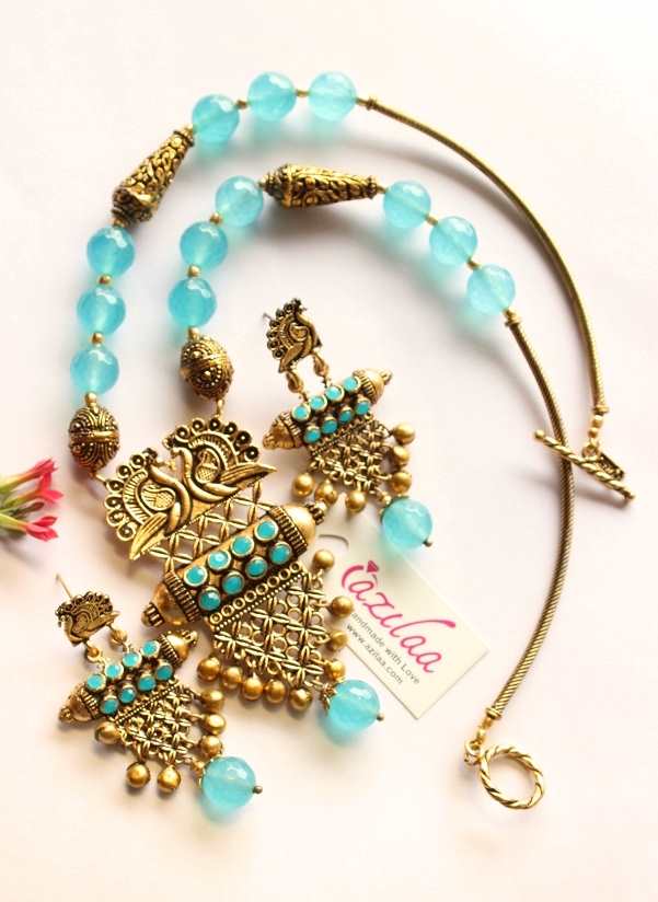 Designer sky blue necklace set, Antique gold tone necklace set
