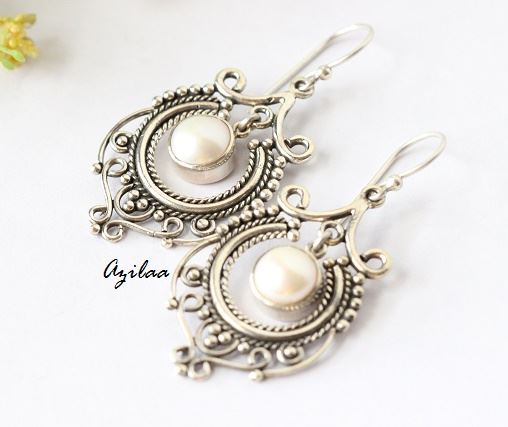 Designer sterling silver Pearl Gemstone handmade earrings