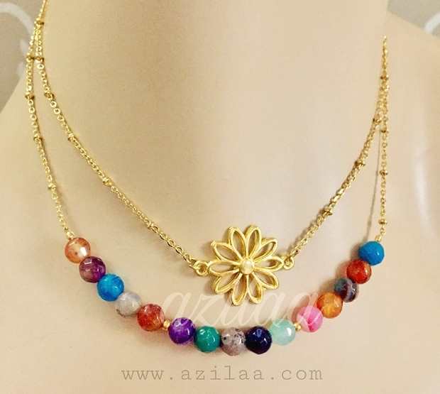 Double layer multi color pendant gold plated chain necklace