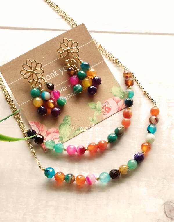 Double layer multi color pendant gold plated chain necklace