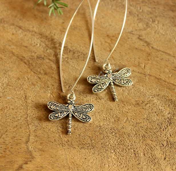 Dragon fly charm silver Long dangler earrings