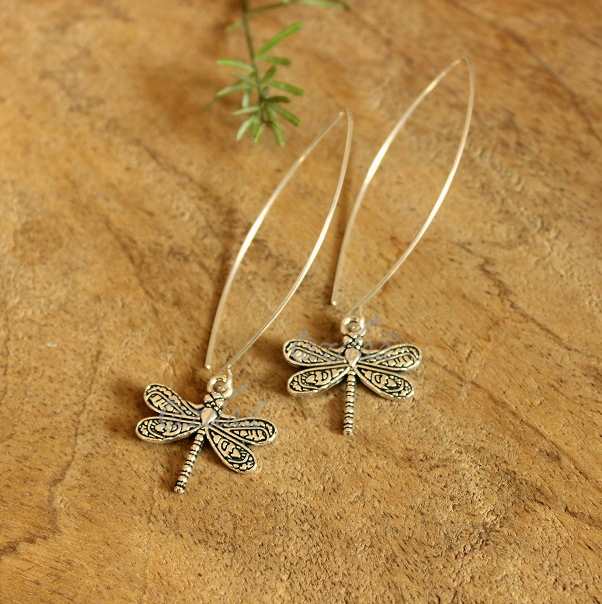 Dragon fly charm silver Long dangler earrings