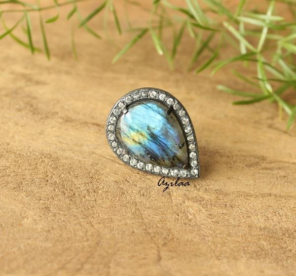 Drop Labradorite zircon sterling silver artisan handmade ring
