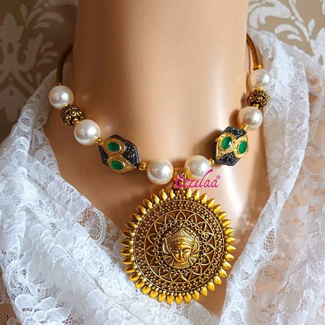 Durga maa pendant choker necklace pearl earrings
