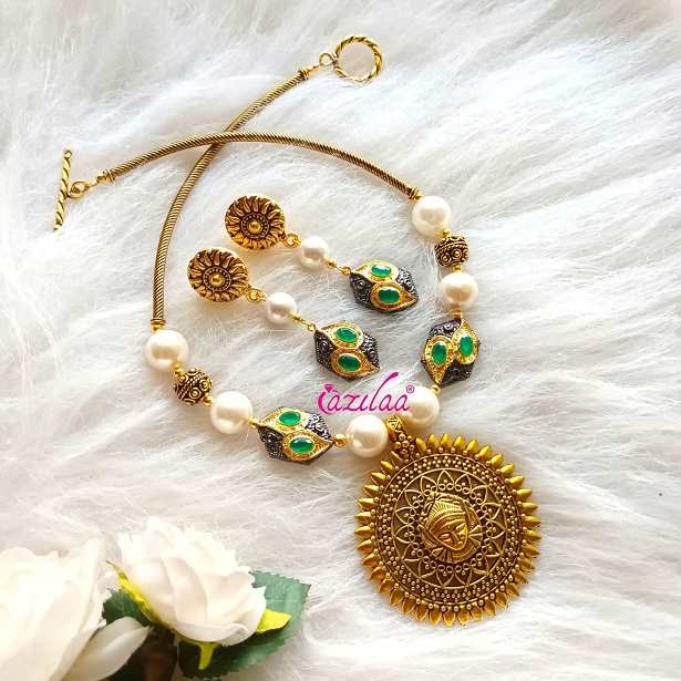 Durga maa pendant choker necklace pearl earrings