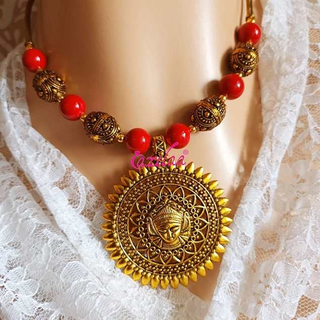 Durga maa pendant choker necklace red pearl earrings