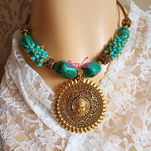 Durga maa pendant choker turquoise necklace earrings set