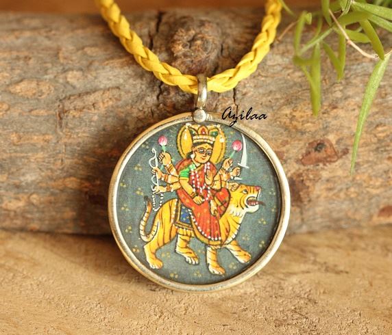 Durga Maa Hand painted handmade Pendant Cord necklace 