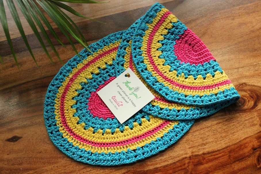 ECO friendly bright blue oval crochet handmade 2 table mat 