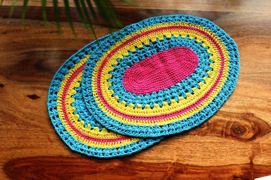 ECO friendly bright blue oval crochet handmade 2 table mat 