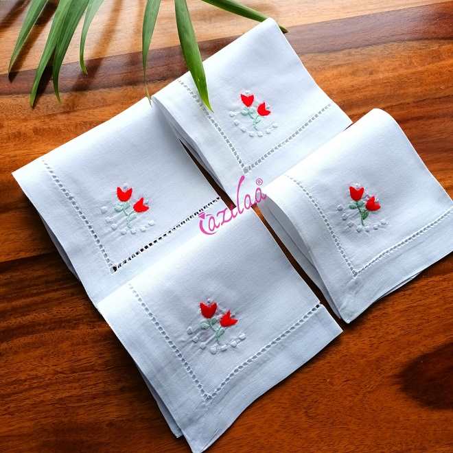 ECO friendly white cotton hand embroidery tulip napkins 04