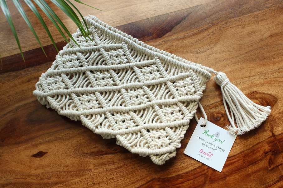 Eco friendly macrame handmade off white purse bag