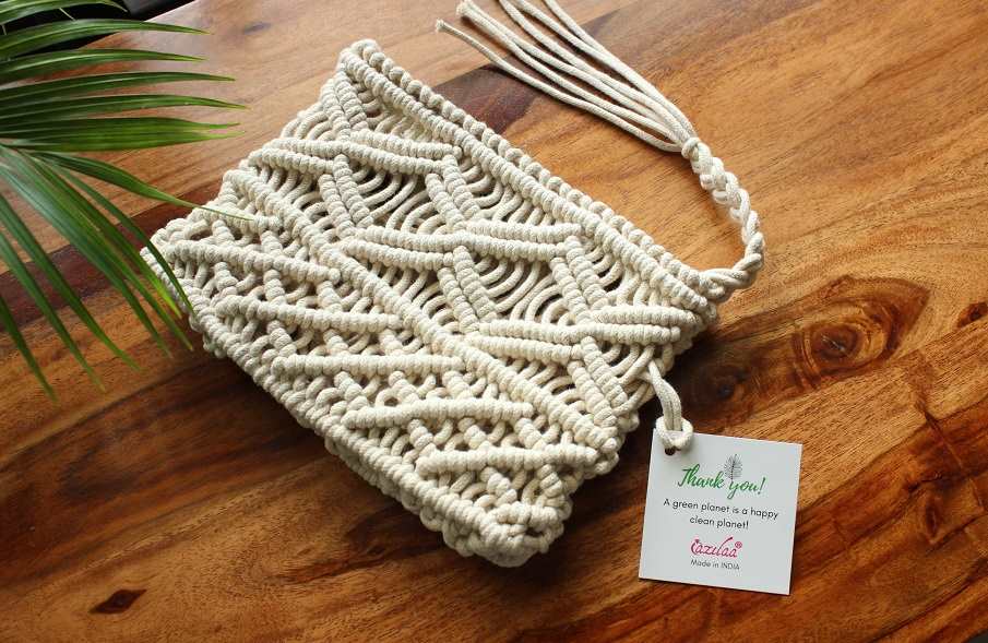 Eco friendly macrame handmade off white purse bag