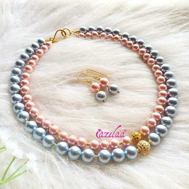 Elegant Blue and pink pearl choker necklace earrings