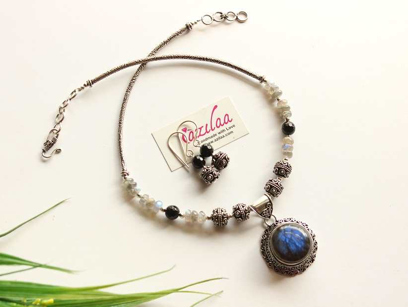 Elegant Blue labradorite gemstone handmade pendant necklace set