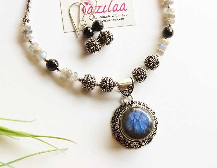Elegant Blue labradorite gemstone handmade pendant necklace set