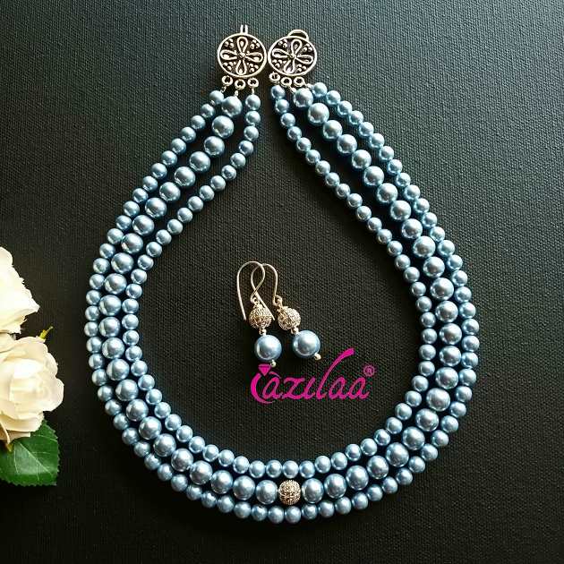 Elegant Blue pearl CZ choker necklace earrings