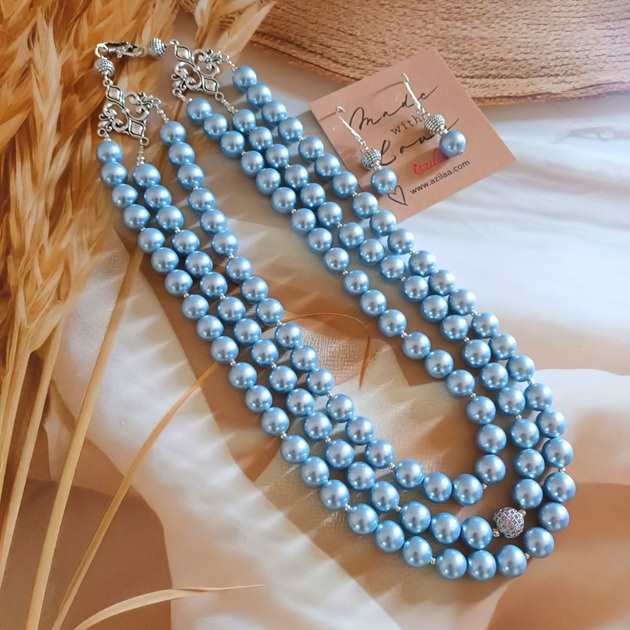 Elegant Blue pearl CZ choker necklace earrings