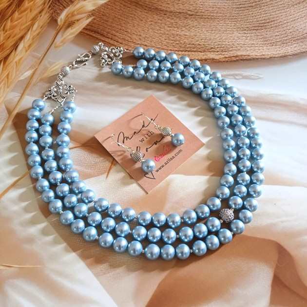 Elegant Blue pearl CZ choker necklace earrings