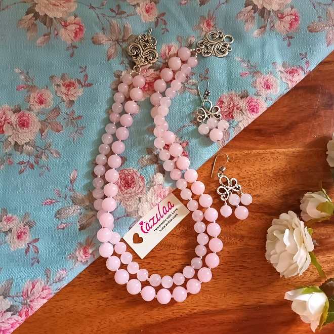 Elegant Pink Rose quartz gemstone handmade necklace set